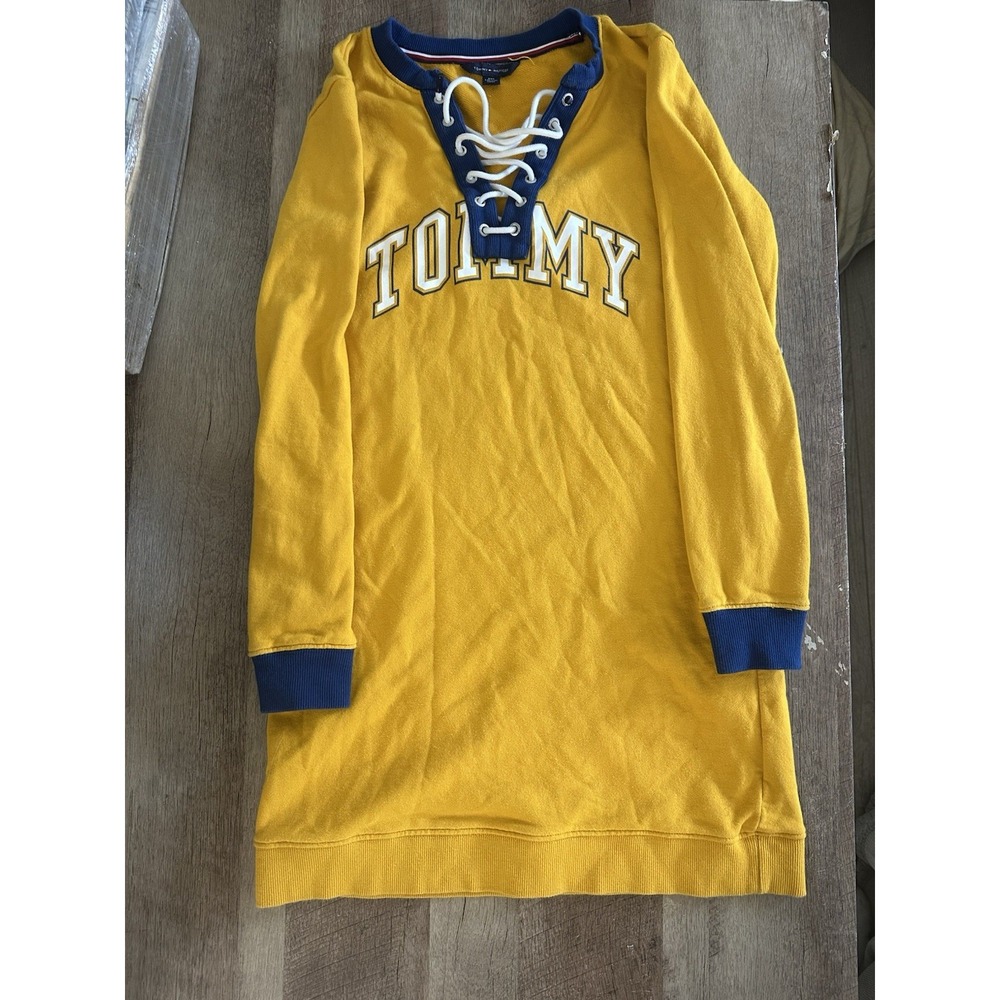 Tommy Hilfiger Women's Sweatshirt Dress Small Yellow Lace Up Varsity Logo
